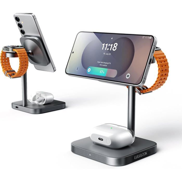 LULULOOK Station de Charge Inductive 3 en 1 en Aluminium pour Samsung S25 Ultra & Galaxy Watch Ultra 7 - Charge Rapide 15W - Gris