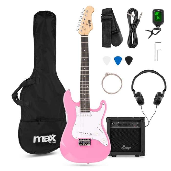 MAX GigKit Junior Guitare Électrique 3/4 Rose avec Ampli 20W : Le Kit Complet Idéal pour Débuter la Guitare (8-12 ans)