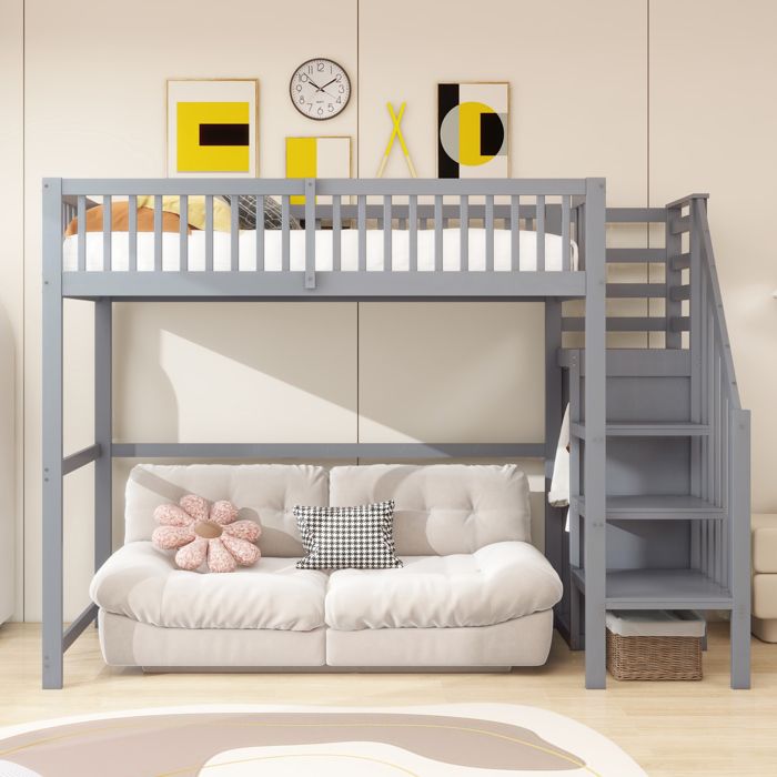 Lit mezzanine 90x200cm avec escalier lit enfant en bois avec étagères de rangementlit Multifonctionnel avec armoire simple blanc