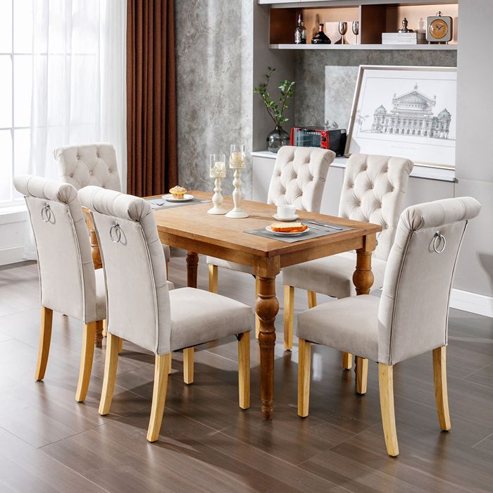 Lot de 6 Chaises de Salle à Manger - Haut Dossier - Assise Rembourrées - Pieds en Bois Chêne - Velours - Beige