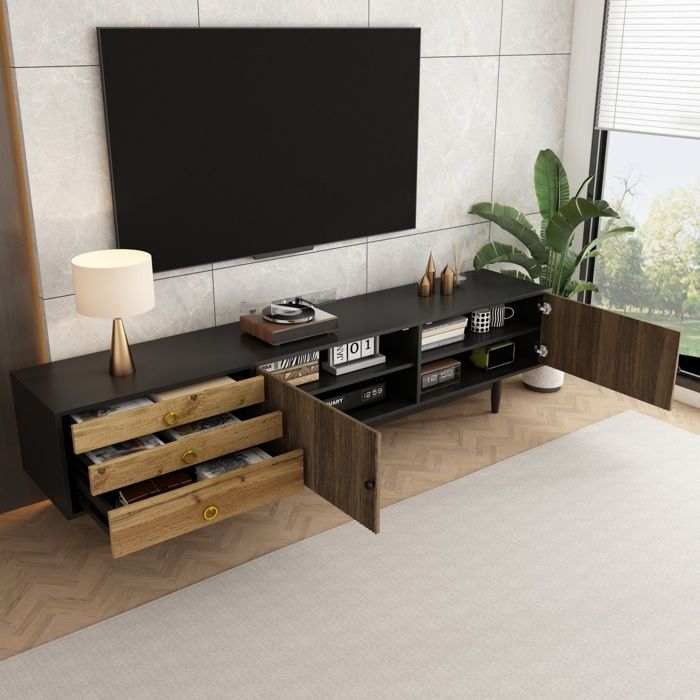 Meuble TV de rangement. grain de bois. 3 tiroirs et 2 portes. adapté au salon/chambre. noir + marron. DMF. 180×38×50 cm