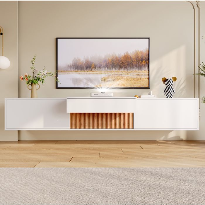 Meuble TV mural ou au sol avec plateau coulissant pour projecteur - ELVMI - rangement en bois blanc 180 × 34 × 30 cm