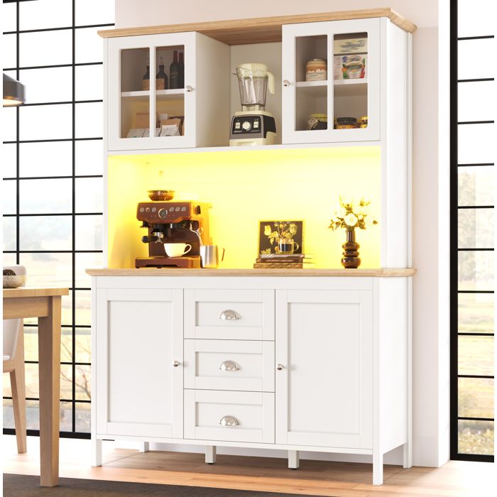 Maisentiel Buffet de cuisine haut blanc 120 x 40 x 179 cm 4 portes 3 tiroirs LED USB