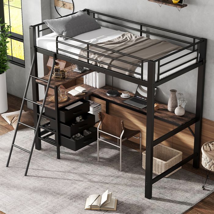 Lit Mezzanine Enfant 90x200 cm avec Bureau Intégré Échelle Inclinée 4 Marches 3 Tiroirs et Étagères et Barrières Sécurité - Noir