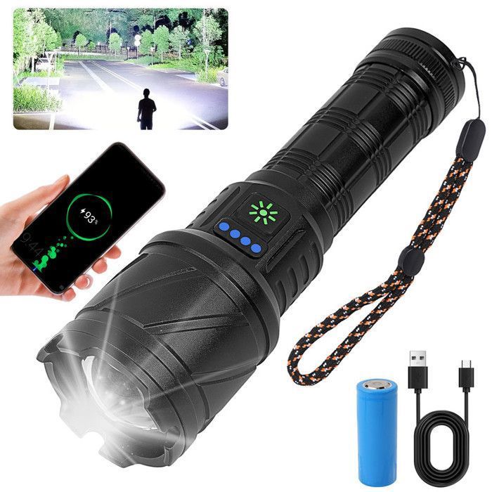 Lampe de Poche LED Ultra Puissante Rechargeable 100000 Lumens Batterie 5000mAh 5 Modes Zoomable Lampe Tactique Haute Performance