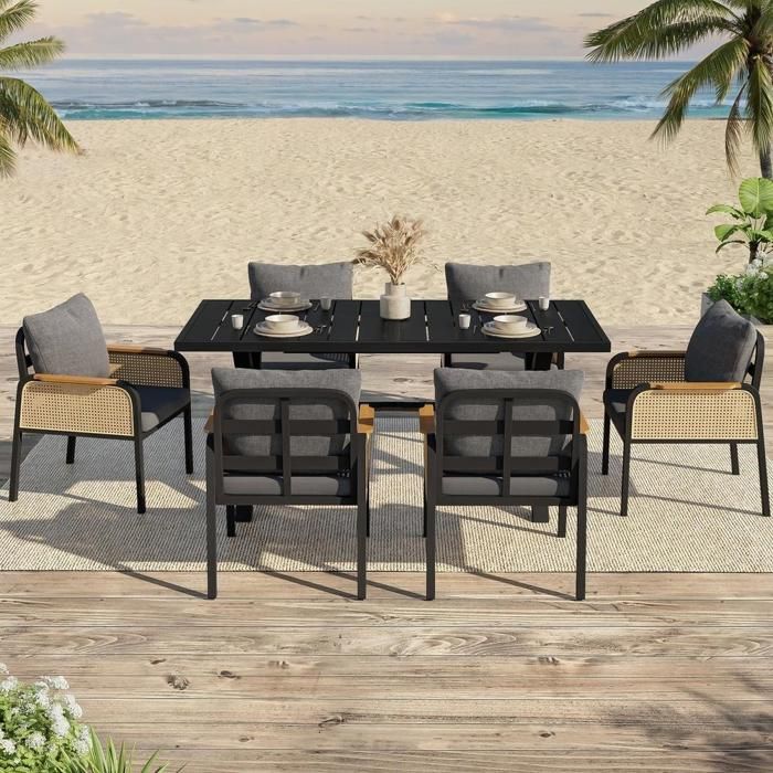 Ensemble jardin 7 pièces - KOMHTOM - 1 table + 6 chaises - Noir - Cadre fer - Coussins inclus Ensemble jardin 7 pièces - KOMHTOM - 1 table + 6 chaises - Noir - Cadre fer - Coussins inclus
