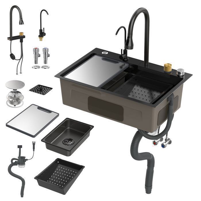 Wilitto Kit Évier de Cuisine Cascade Double Couche en Acier Inoxydable Nano Ensemble de Robinetterie Intégré