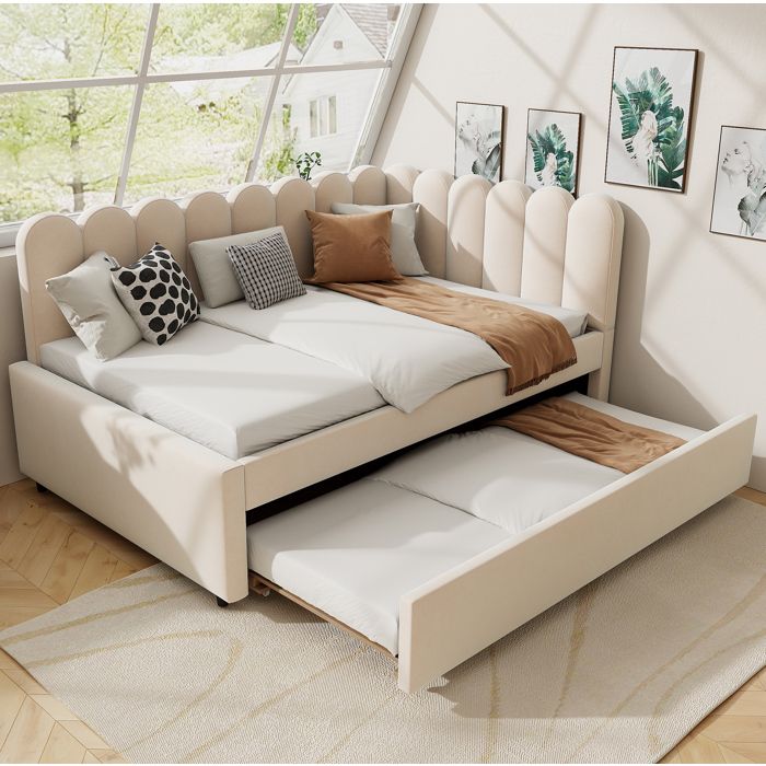 Lit banquette beige 140×200 cm avec lit gigogne dossier pétale sommier inclus matelas non inclus