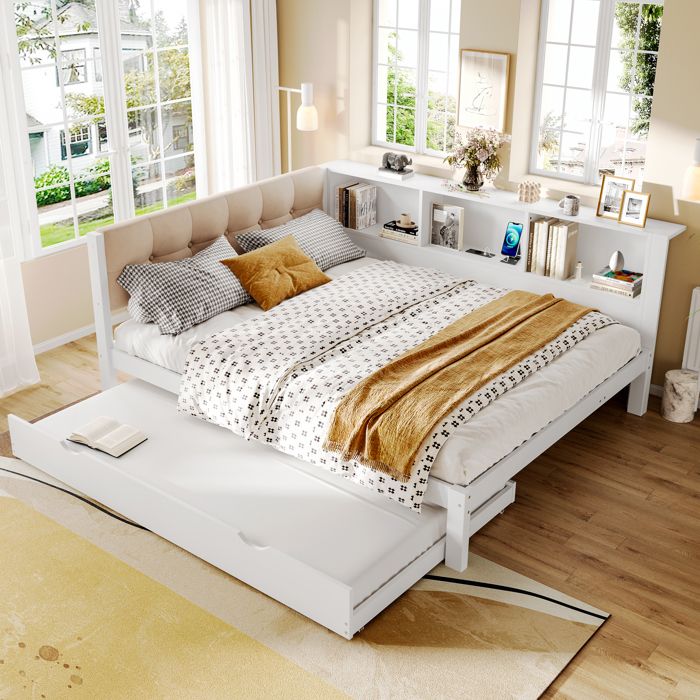 Lit Banquette 2 Places 140×200 cm gigogne USB LED Réglable et Étagères - MEUNIQ - sans matelas Pin blanc