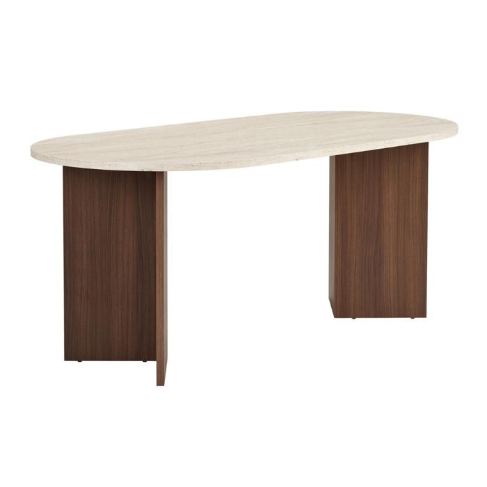 CALICOSY - Table à manger avec bords arrondis L180 cm - SABLE - Travertin/ Noyer