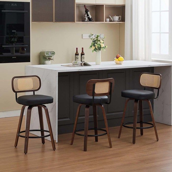 Tabouret de bar - Dossier rotin - Assise rembourrée - Rotation 360° - Finition noyer