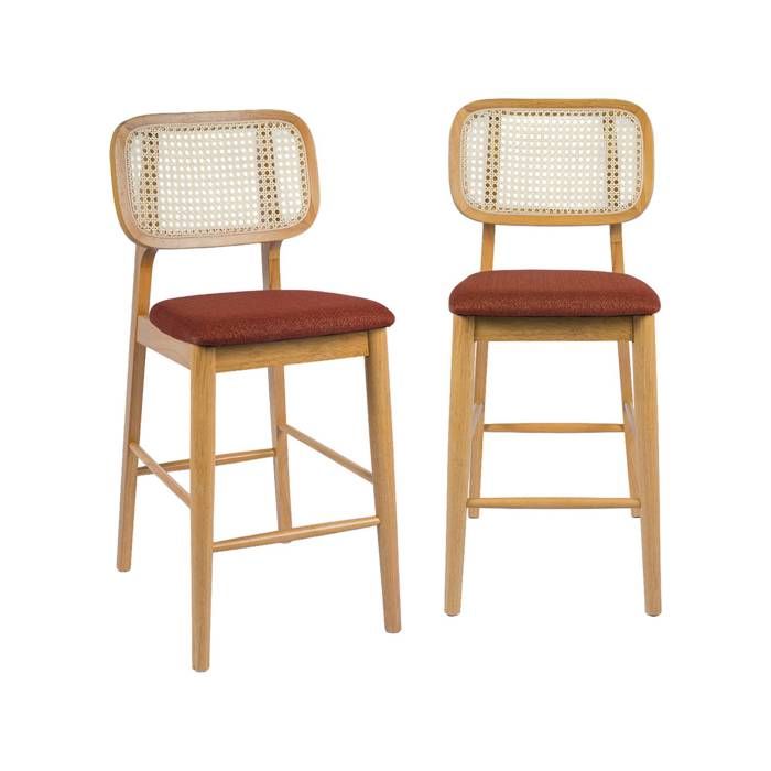 Lot de 2 tabourets de bar bois dhévéa cannage et tissu 66.5cm naturel et terracotta - Mani Lot de 2 tabourets de bar bois dhévéa cannage et tissu 66.5cm naturel et terracotta - Mani