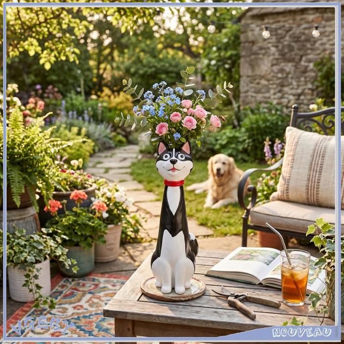 Duokon Vase Chien Vase de chien en résine jolie Statue de jardin originale pour décoration extérieure de Patio de jardin gazon