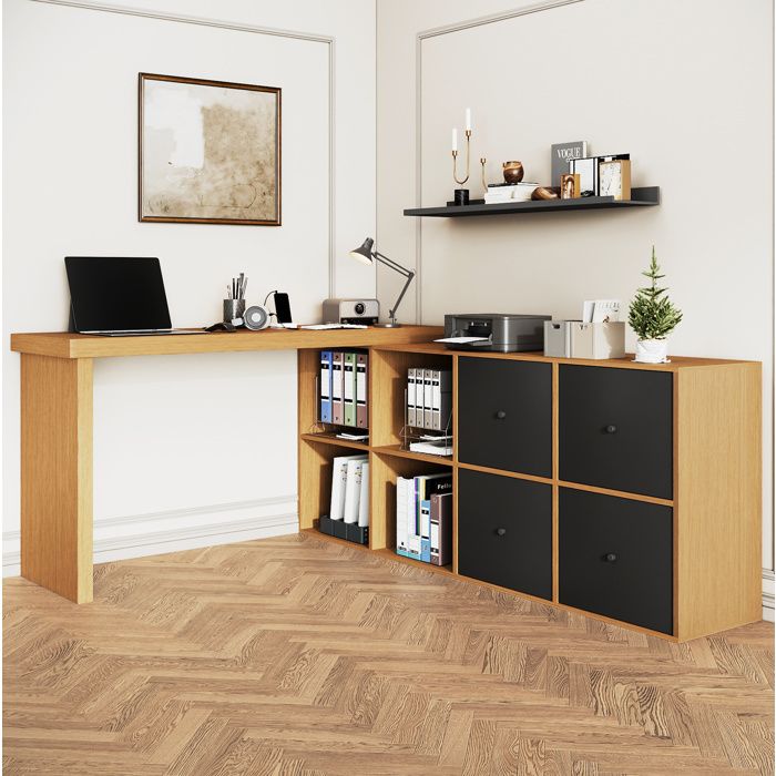 Bureau d’angle pivotant 360° avec rangement MDF noir et chêne 4 niches 4 tiroirs meuble intégré