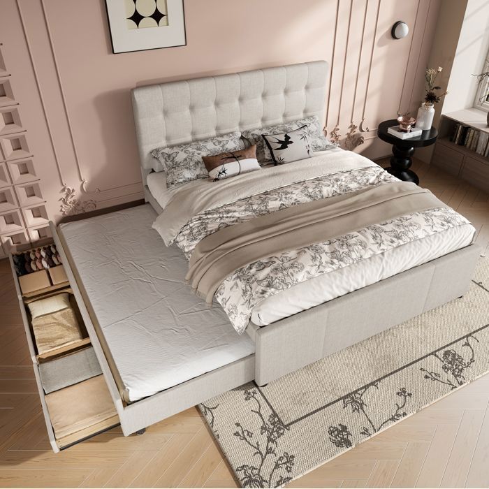 Lit double 140x200 cm avec lit gigogne EVRYAE 3 tiroirs tête de lit réglable beige