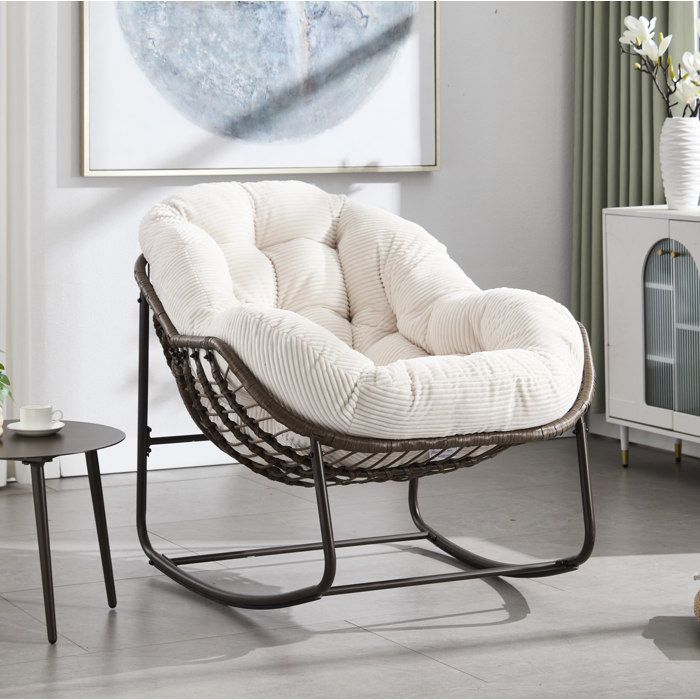 Rocking-chair 1 Place avec Coussin Rembourré - TCQPZ - Rotin Synthétique Tressé Main Acier Blanc et Marron
