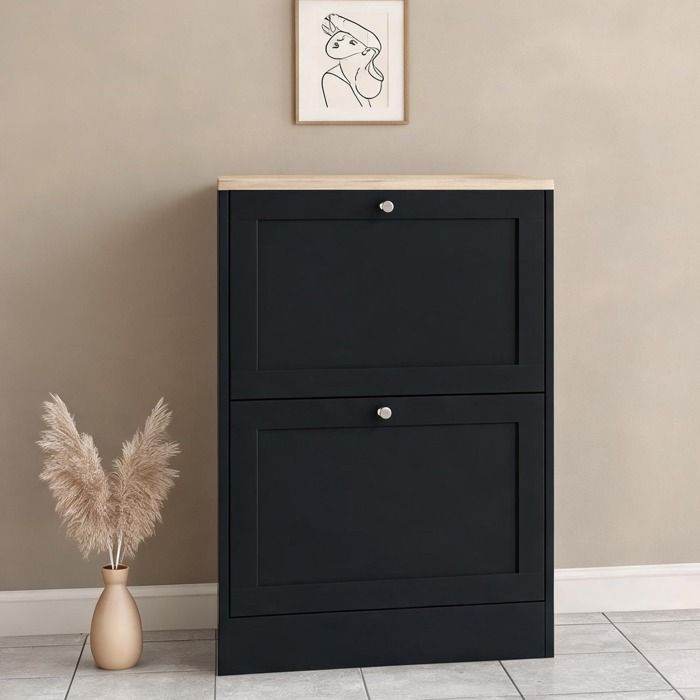 Meuble à chaussures noir 12 paires – Tiroirs basculants et étagères ajustables – Profondeur 23 5 cm – Panneau de particules –