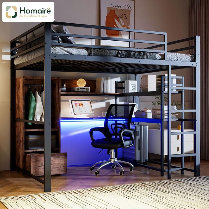 Lit superposé en métal avec bureau rangement lumières LED garde-corps pour enfants 6+ ans HOMAIRE