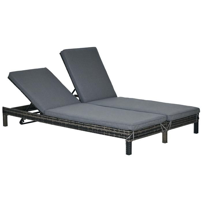 Bain de soleil double avec dossier réglable 5 positions métal et PE rotin gris pour jardin et terrasse