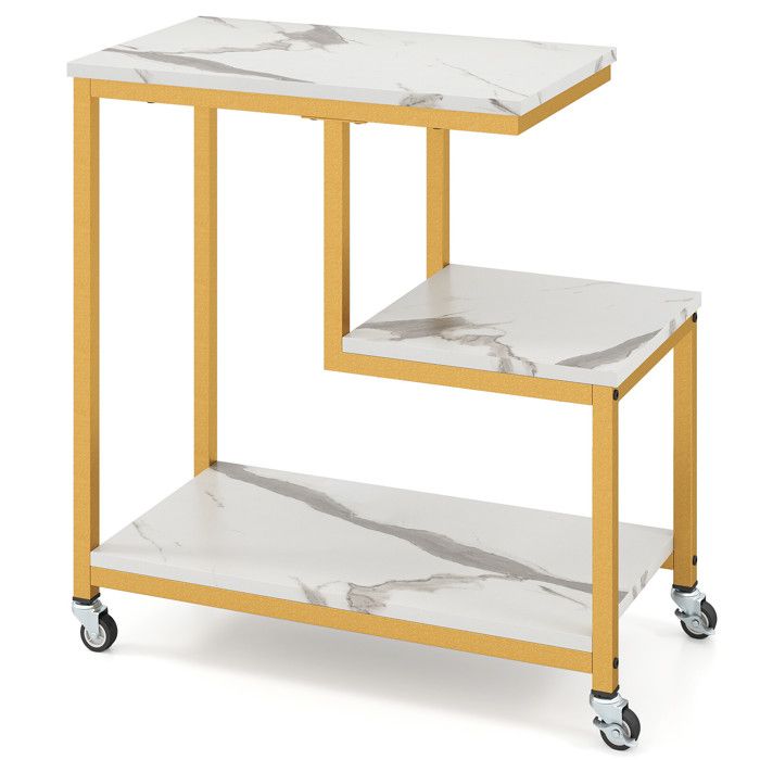 3 niveaux table dappoint roulante en forme G étagères ouvertes 4 roulettes dont 2 freins blanche