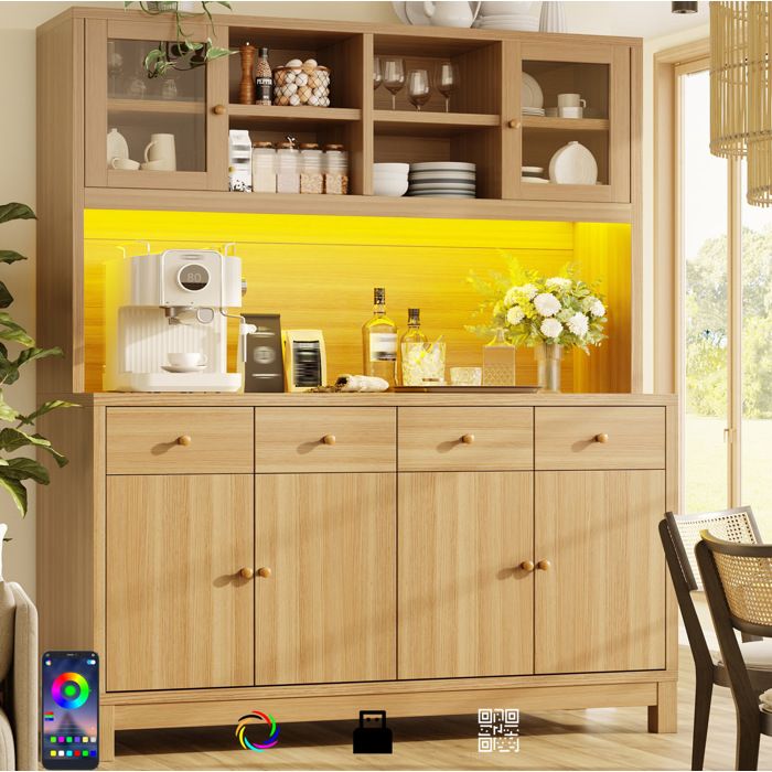 Buffet haut marron 140 x 385 x 180 cm LED RGB portes vitrées 4 tiroirs étagères réglables MDF