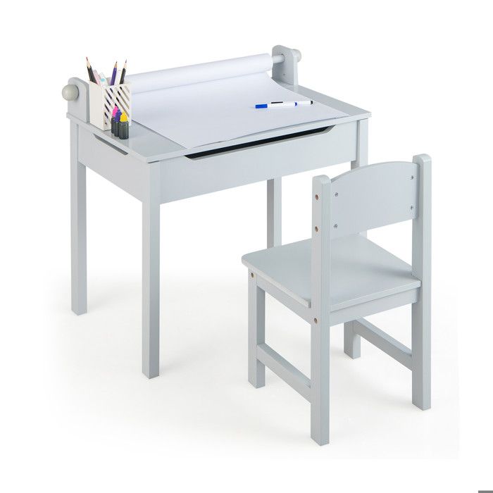 Ensemble table et chaise enfant en bois gris avec rangement et porte-rouleau papier et dossier haut pour chambre et salle de jeux