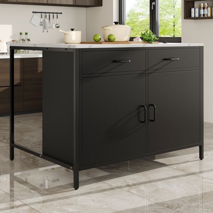 Îlot de cuisine noir 100x90x90 cm plateau effet marbre blanc 2 tiroirs 2 portes étagères ajustables et pieds réglables