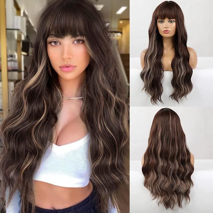 Perruque Cheveux Longs Boucl s Avec Frange Perruque Marron Mix