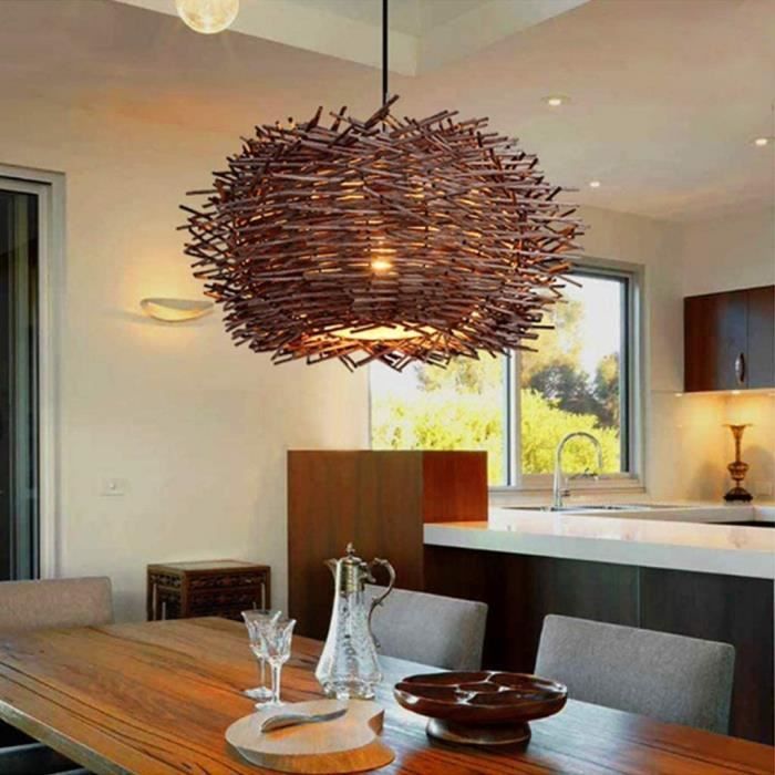 Lustre Pendentif LED Lumière Branches Rotin Tissés Main E27 Réglable En