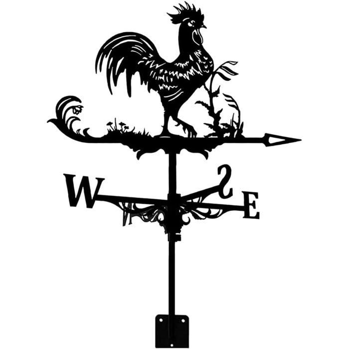 Girouette de Jardin Exterieur Coq en métal - Style Forme de Coq Rétro - Indicateur de Direction du Vent - Noir
