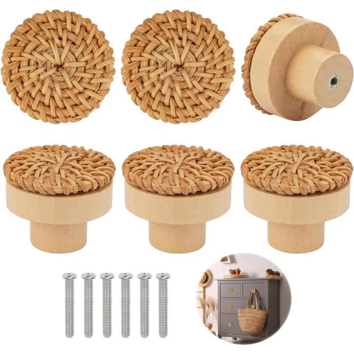 Boutons de meuble - Non spécifié - Lot de 6 - Bois et rotin - Style bohème vintage - 4 cm de large