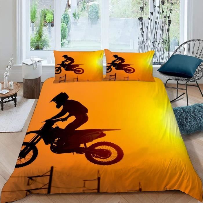 Housse De Couette Motocross 2 Pièces 90x190 Cm + 1 Taie D'oreiller 65x65 Cm - Microfibre Douce Et Respirante - Design Flammes Rouge, Bleu, Noir