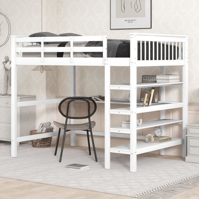 lit mezzanine enfant fortuna lai - bois massif - blanc - avec barrière de protection et étagères - 140x200cm