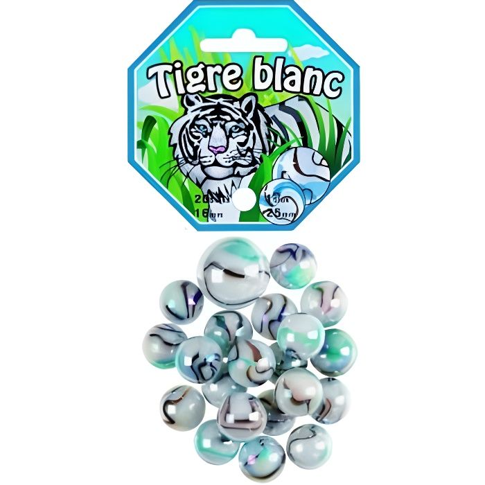 Sachet De 20 Billes De 1.6 Cm + 1 Callot de 2.5 Tigre Blanc - Jeu De Recreation