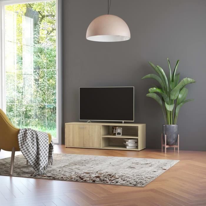 meuble tv étagère de rangement design contemporain - armoire hifi - aggloméré chêne sonoma - 1 porte et 2 compartiments - 120x34x37