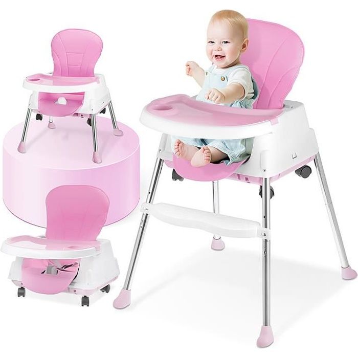 WHALEBABY 3 En 1 Chaise Haute Bébé Évolutive Réglable Pliable 4 Roues  Tablette Amovible 6 Mois à 3 Ans ROSE - Cdiscount Puériculture & Eveil bébé