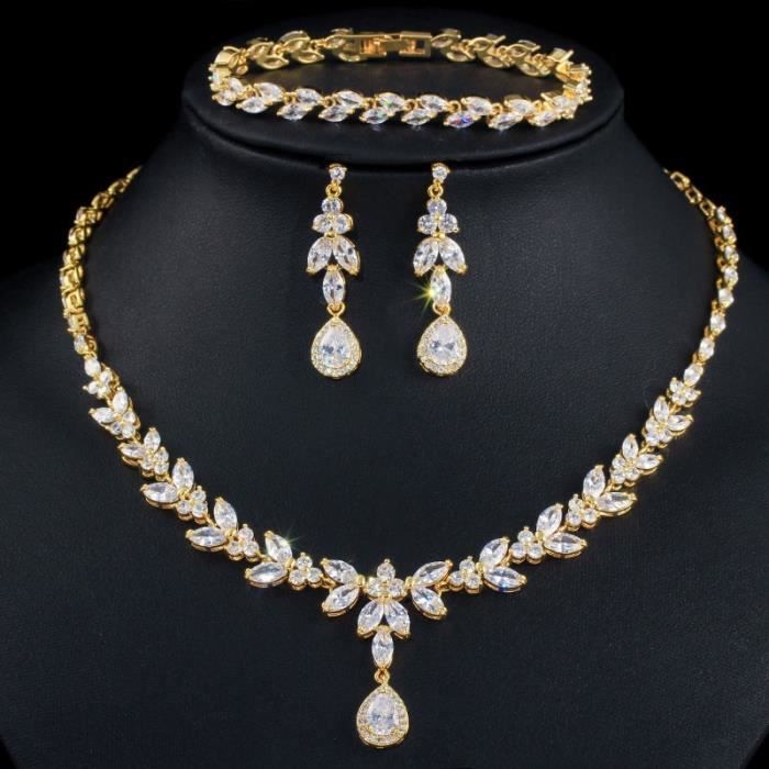 couleur or - ensemble de bijoux plaqués or pour femmes, 3 pièces, en zircon cubique brillant, goutte'eau, bou