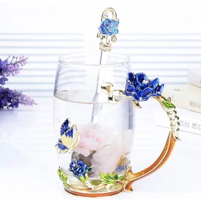 Tasse à Thé En Verre émaillé 4,75 Oz - Motif Fleur Rose Et Rouge Avec Napperon Assorti