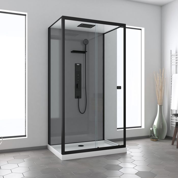 Cabine de douche Hydromassante 110x80 Receveur Bas - Fond Gris et Profilés Noir Mat - GREY STYLE LOW Cabine de douche Hydromassante 110x80 Receveur Bas - Fond Gris et Profilés Noir Mat - GREY STYLE LOW