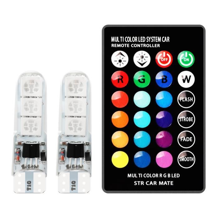 2 Ampoules LED RGB T10 5050 SMD 6 LEDs Avec Télécommande - Pour Plaque Immatriculation, Intérieur Voiture - 5