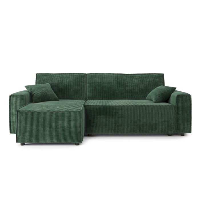Canapé d'angle convertible MIRA - velours côtelé vert - 252 x 140 x 85 cm - coffre de rangement