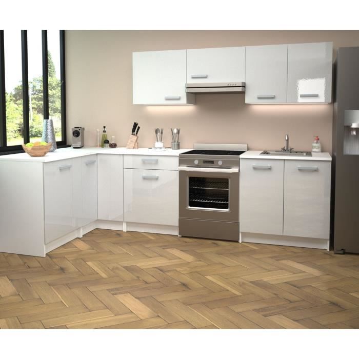 START Cuisine complète d'angle - Mélaminé blanc - Façade polymère blanc brillant - L290 x P150 cm - 