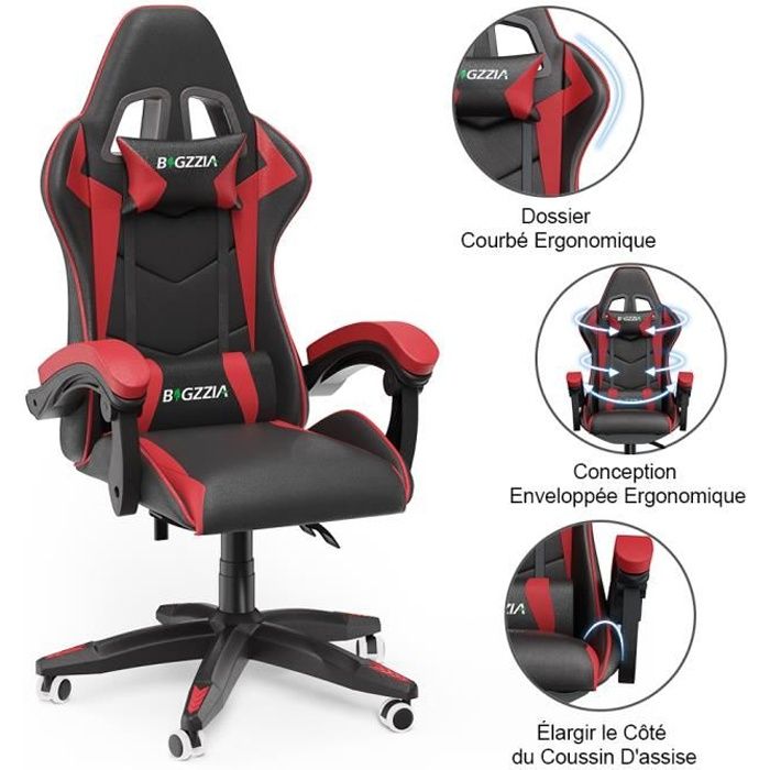 BIGZZIA Fauteuil Gamer - Chaise Gaming - Siège gamer Design ergonomique - avec coussin et dossier inclinable - Noir et Rouge