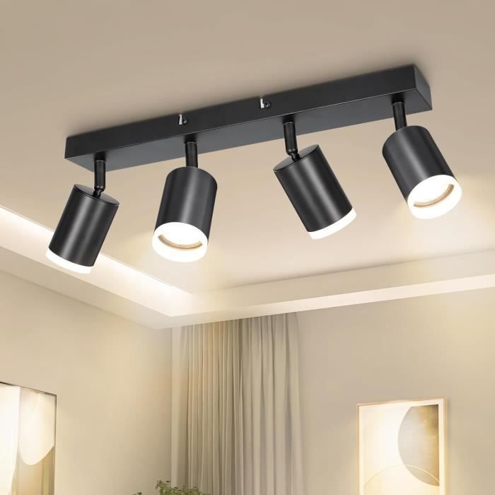 Plafonnier LED 4 Spots Orientables 340° - Ampoules GU10 Dimmables Incluses (3000K Blanc Chaud) - Pour Cuisine, Salon, Chambre - Installation Facile, Design Moderne Noir - 7
