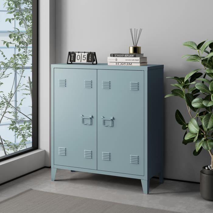 Caisson de bureau métallique Oripää à 2 portes 90 x 80 x 33 cm gris-bleu