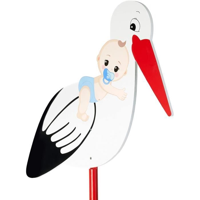 BRUBAKER - Grande Cigogne en Bois Avec Bébé Bleu - Cigogne Naissance Pour Garçons - 100 cm de Haut