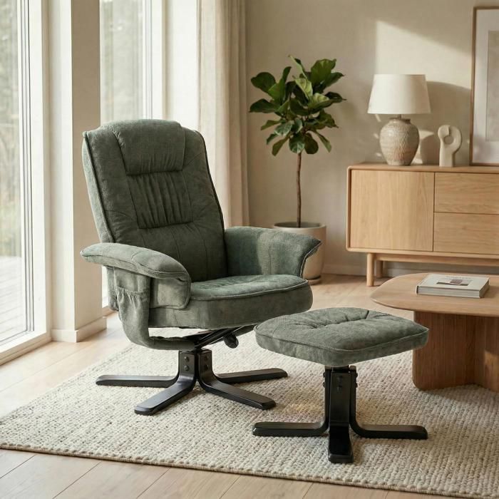 IDIMEX Fauteuil de Relaxation Charly avec Repose-Pieds pouf siège pivotant et Dossier inclinable en tissu vert/noir IDIMEX Fauteuil de Relaxation Charly avec Repose-Pieds pouf siège pivotant et Dossier inclinable en tissu vert/noir