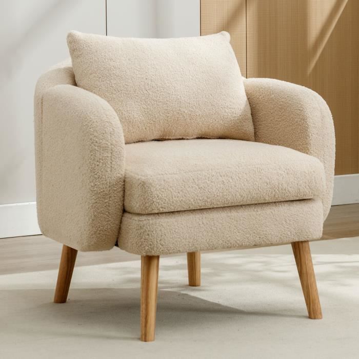 ModernLuxe Fauteuil avec coussin épais - pieds en bois massif - tissu en sherpa - 75x69x71cm - beige ModernLuxe Fauteuil avec coussin épais - pieds en bois massif - tissu en sherpa - 75x69x71cm - beige