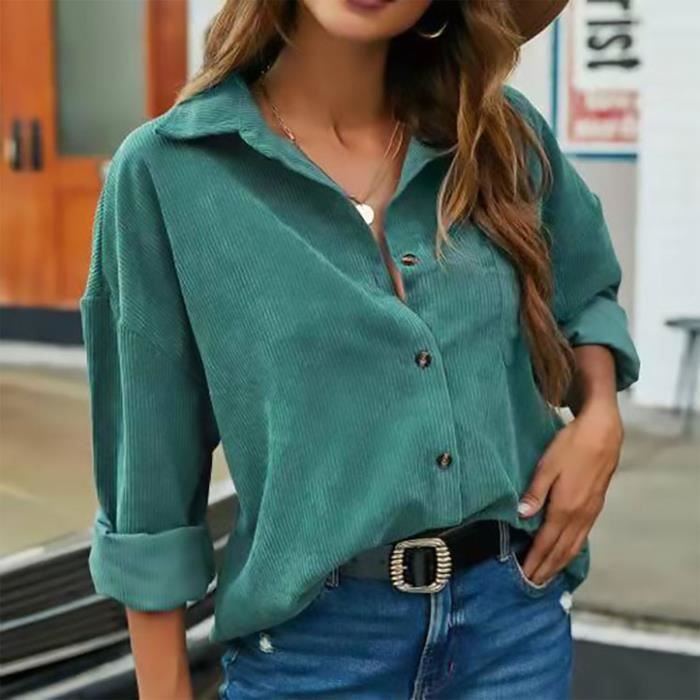 Dioche Haut boutonn manches longues Col Rabattu Chemisier Chemise Femme Bouton Haut Manches Longues Ample vetements pardessus