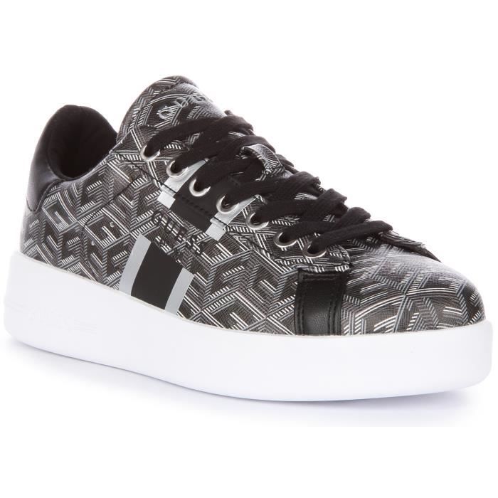 Guess Guess Reyhana Baskets à lacets G Cube Logo imprimé en simili-cuir pour femmes en noir gris (Noir Gris  37)